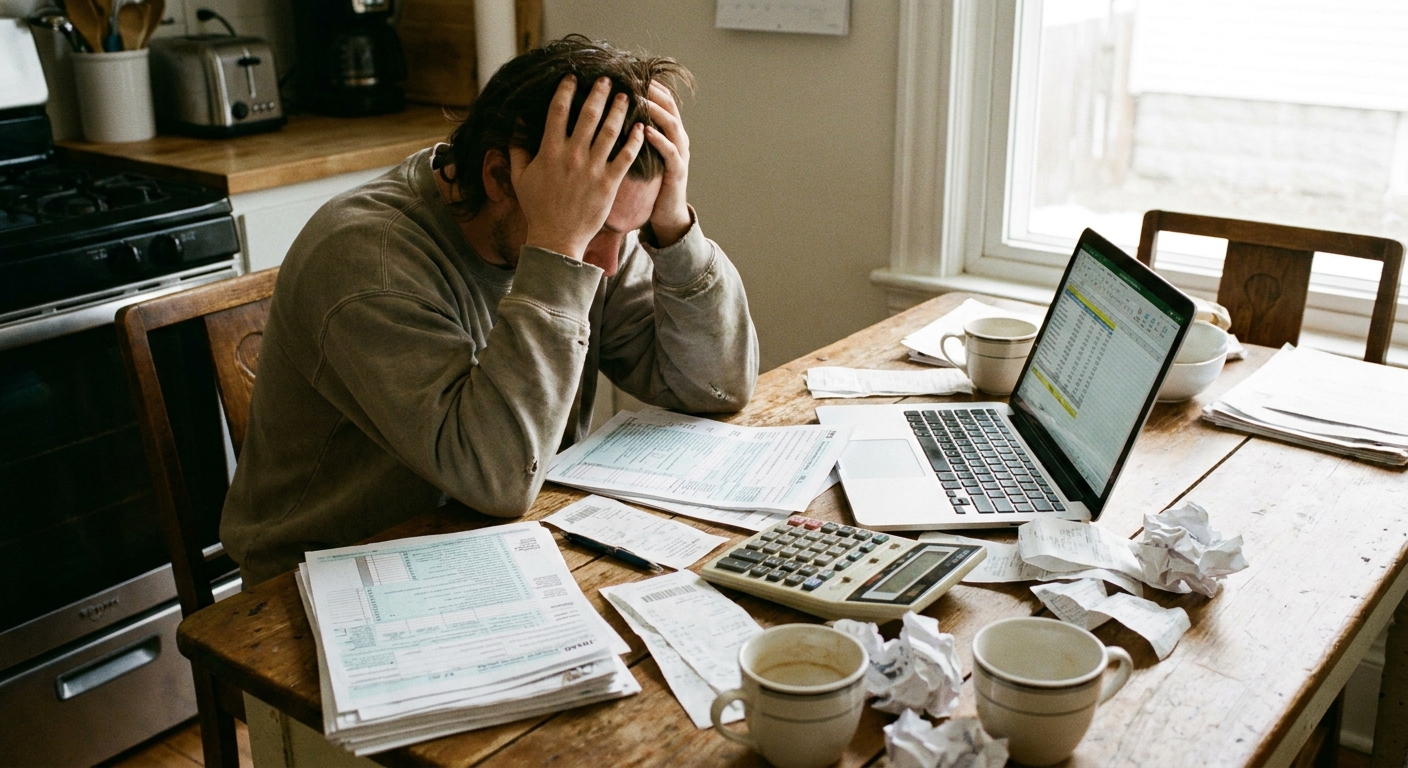 A person sitting at a kitchen table with a laptop, a stack of tax documents, and a calculator, candid home photo