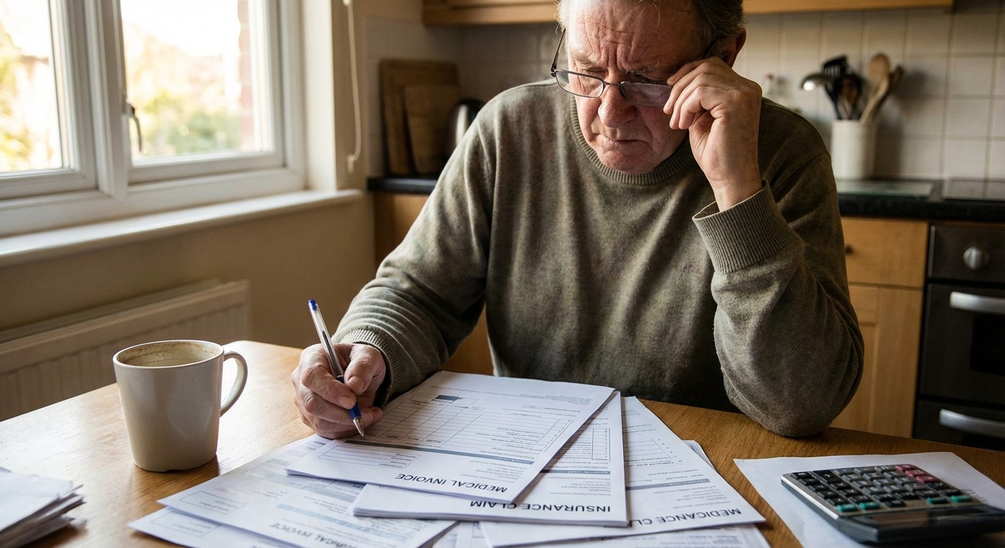 A person sitting at a kitchen table with medical bills and insurance documents spread out, holding a pen while reviewing charges, realistic photograph