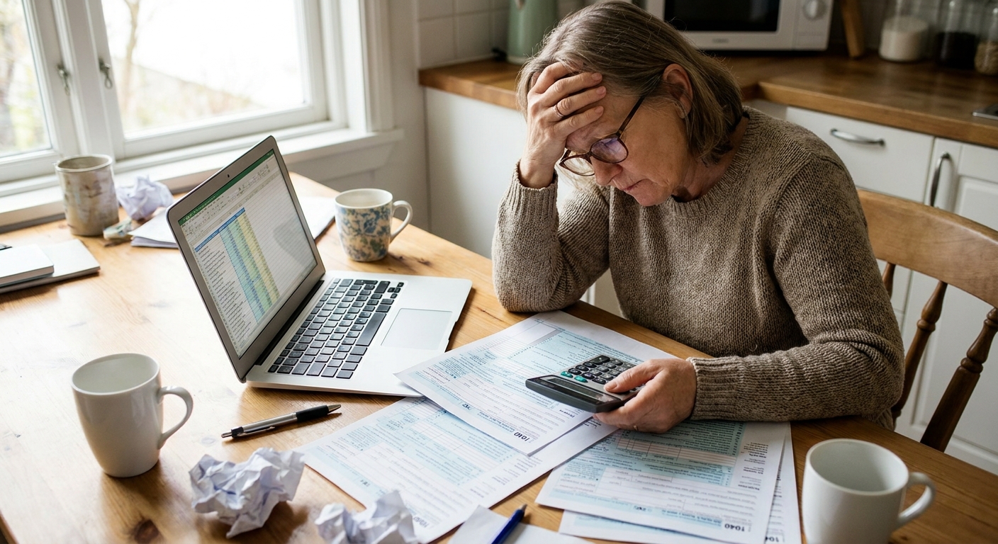 A person sitting at a kitchen table with printed IRS tax forms, a laptop, and a calculator, natural window light, realistic photo