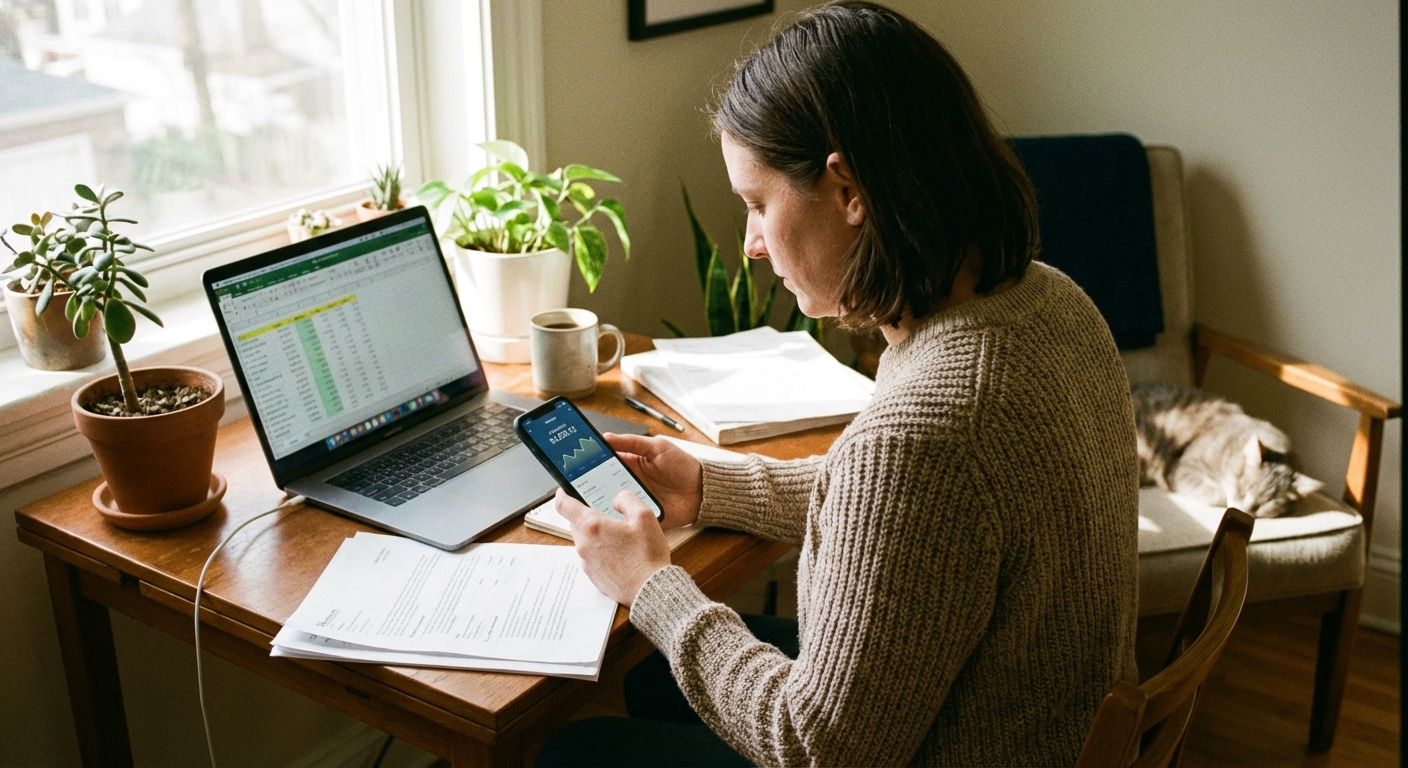 A person sitting at a small desk at home reviewing a banking app on their phone next to a laptop
