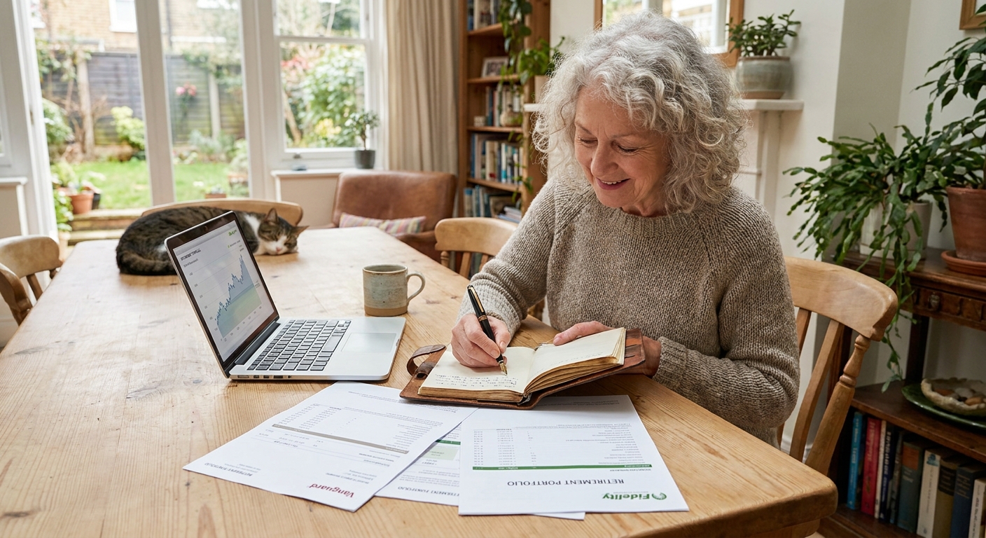 A person sitting at a wooden table writing in a notebook with a pen, with retirement account statements and a laptop nearby in a calm home environment