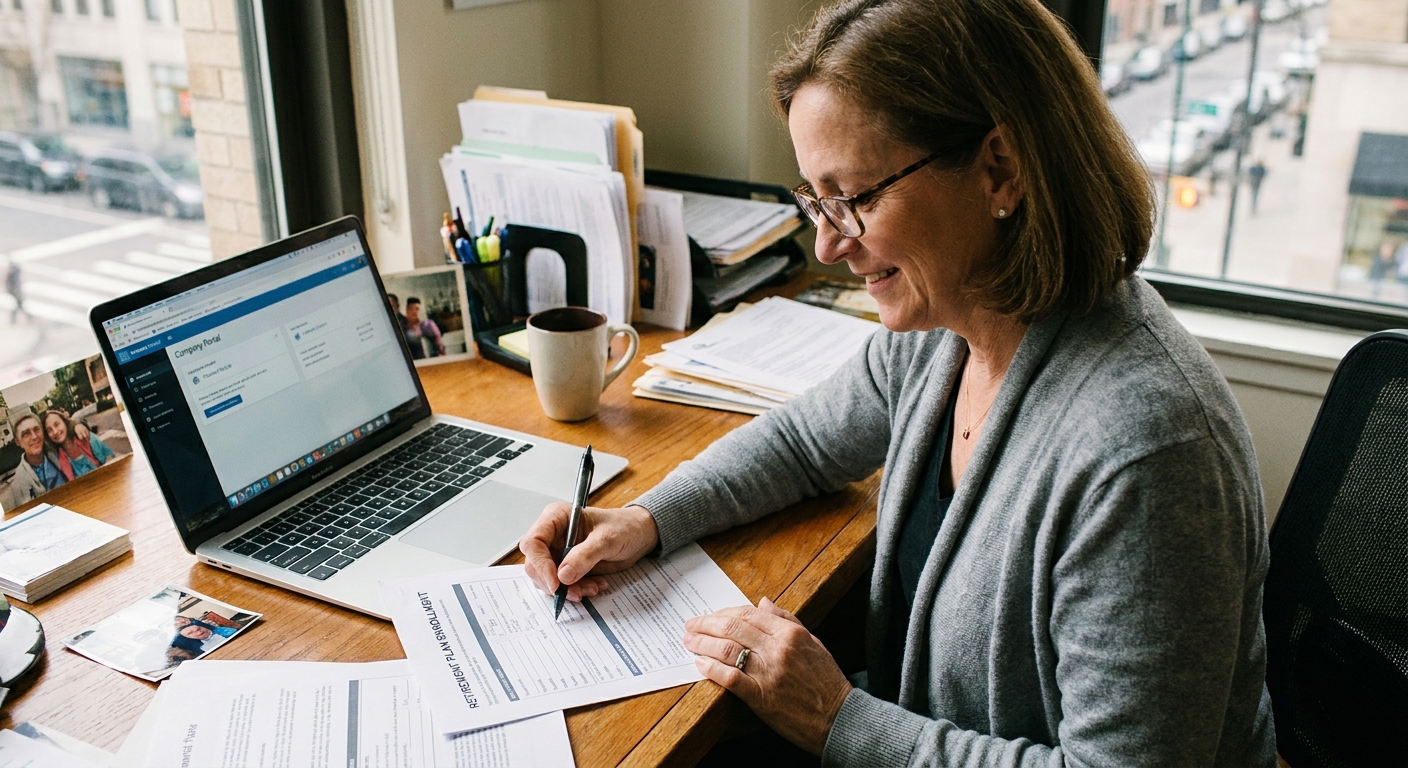 A person sitting at an office desk filling out retirement plan enrollment paperwork next to a laptop, real-life photography style