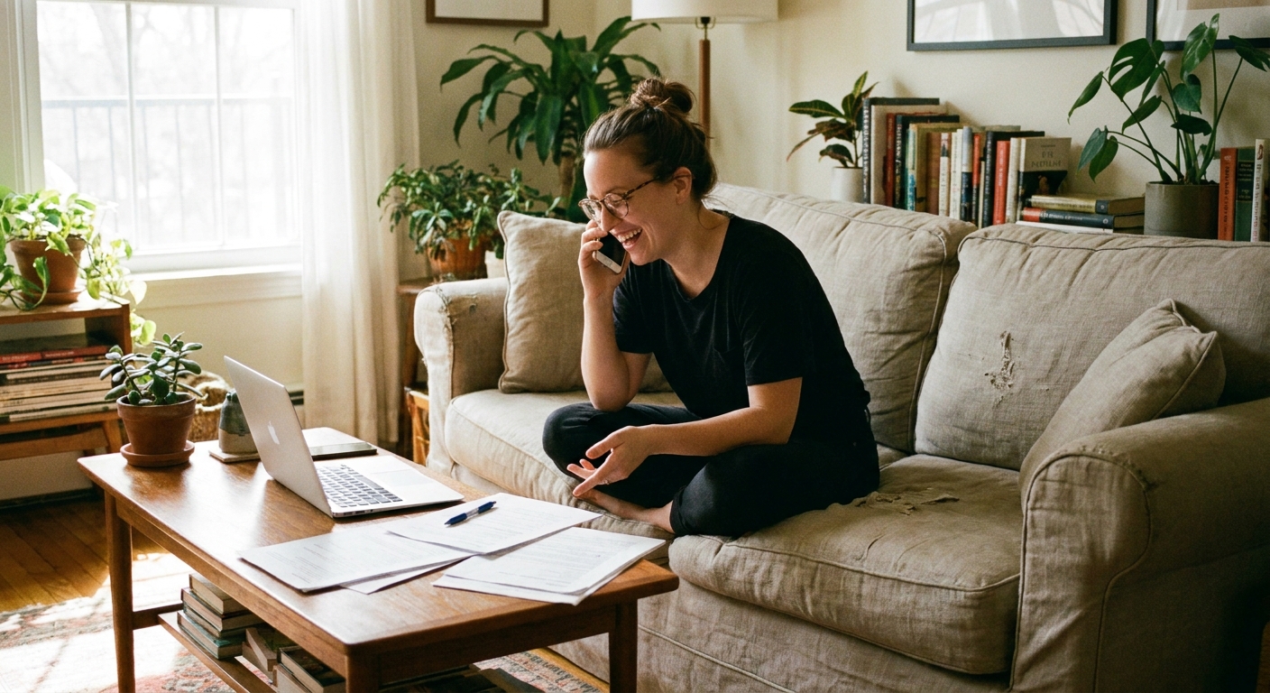 A person sitting on a couch at home holding a phone to their ear while looking at paperwork on a coffee table, natural window light, realistic photo