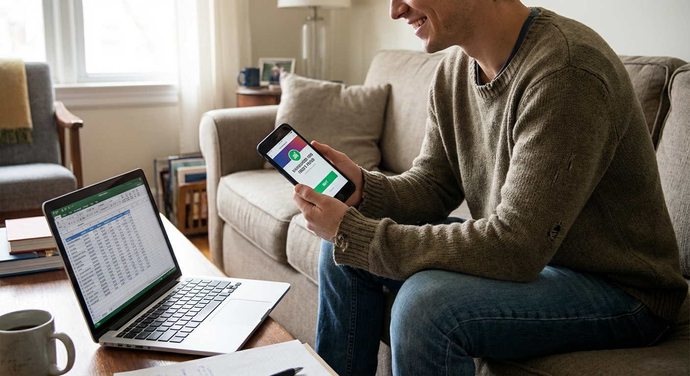 A person sitting on a couch at home placing an index fund order on a smartphone, with a laptop open nearby, realistic personal finance photography