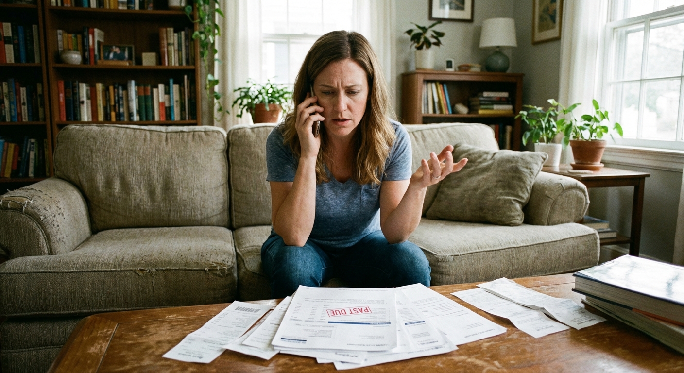 A person sitting on a couch at home talking on the phone while looking at credit card statements on a coffee table, realistic indoor photo