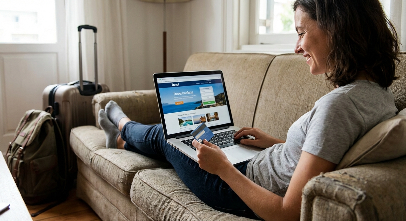 A person sitting on a couch booking travel on a laptop while holding a credit card, with a suitcase in the background, realistic photo