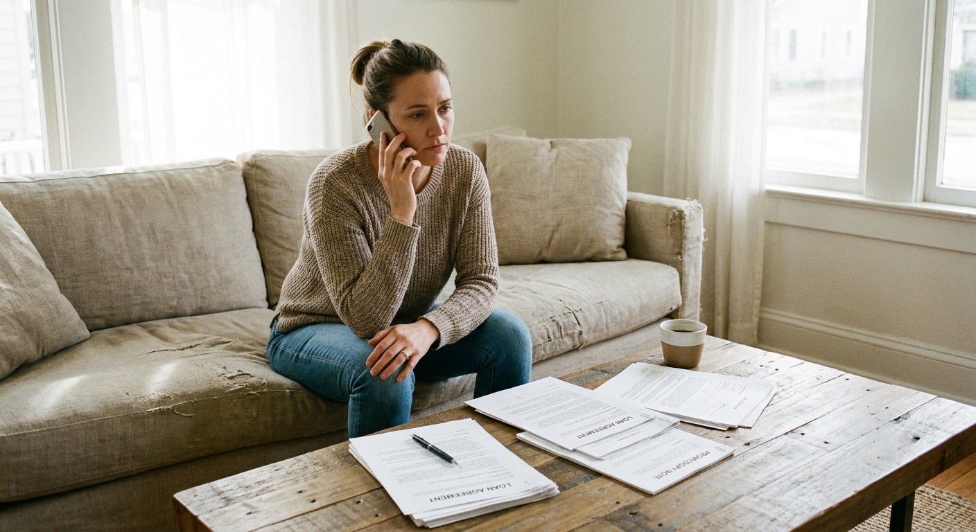 A person sitting on a couch holding a phone to their ear with loan paperwork on a coffee table, natural indoor lighting photography style