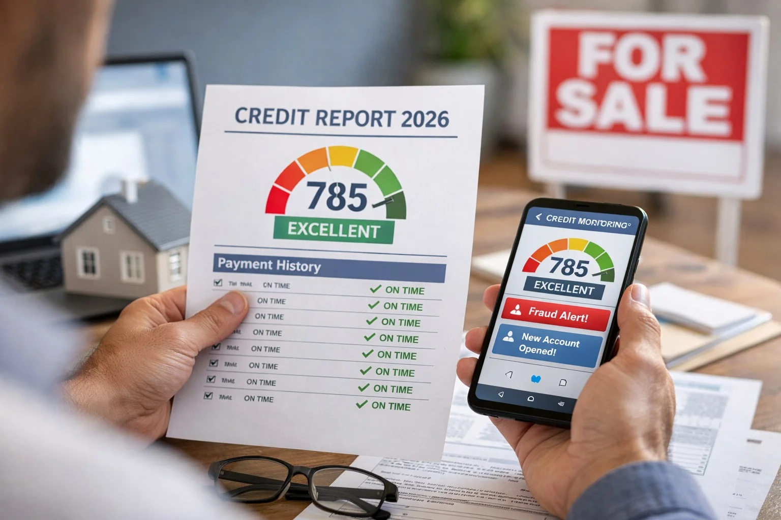 A person sitting on a couch looking at a credit score screen on a smartphone, realistic photo