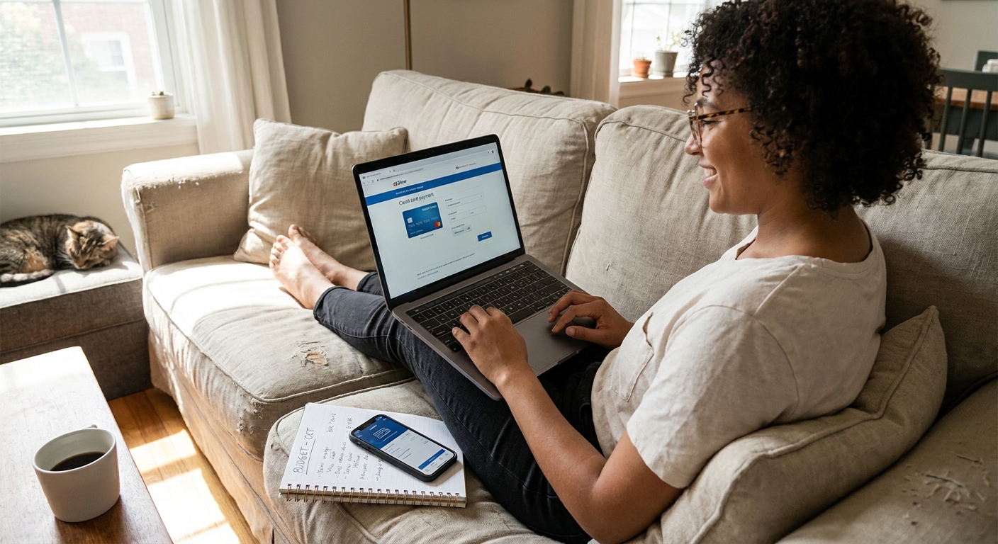 A person sitting on a couch making an online payment on a laptop, phone and notebook nearby, realistic photo