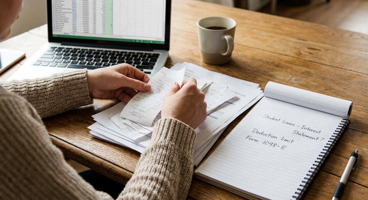 A person sorting tax documents with a laptop open and handwritten notes about student loans on a notepad, close-up photo on a wooden desk