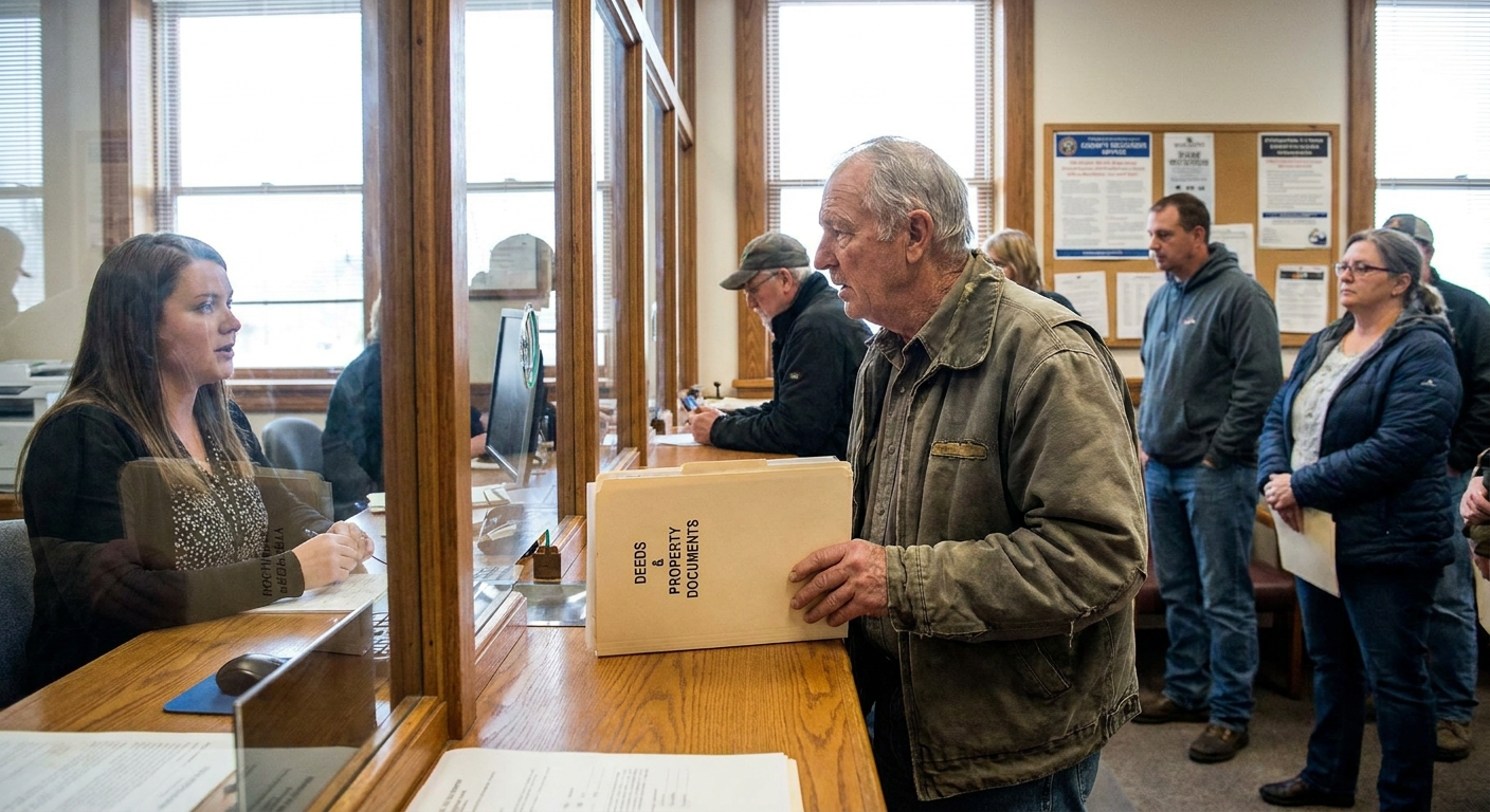 A person standing at a county recorder office counter holding a folder of property documents, documentary photography style