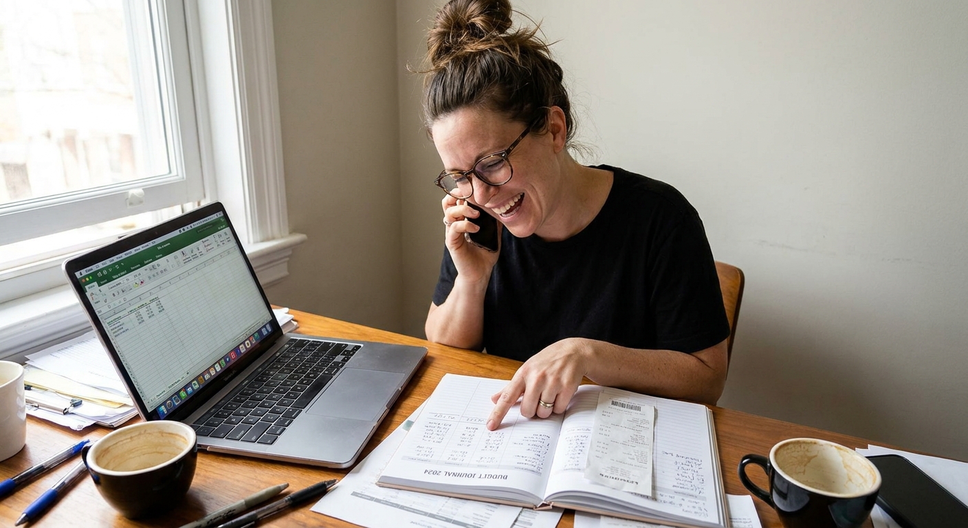 A person talking on a phone at a desk while looking at a budget notebook and a laptop, realistic photography