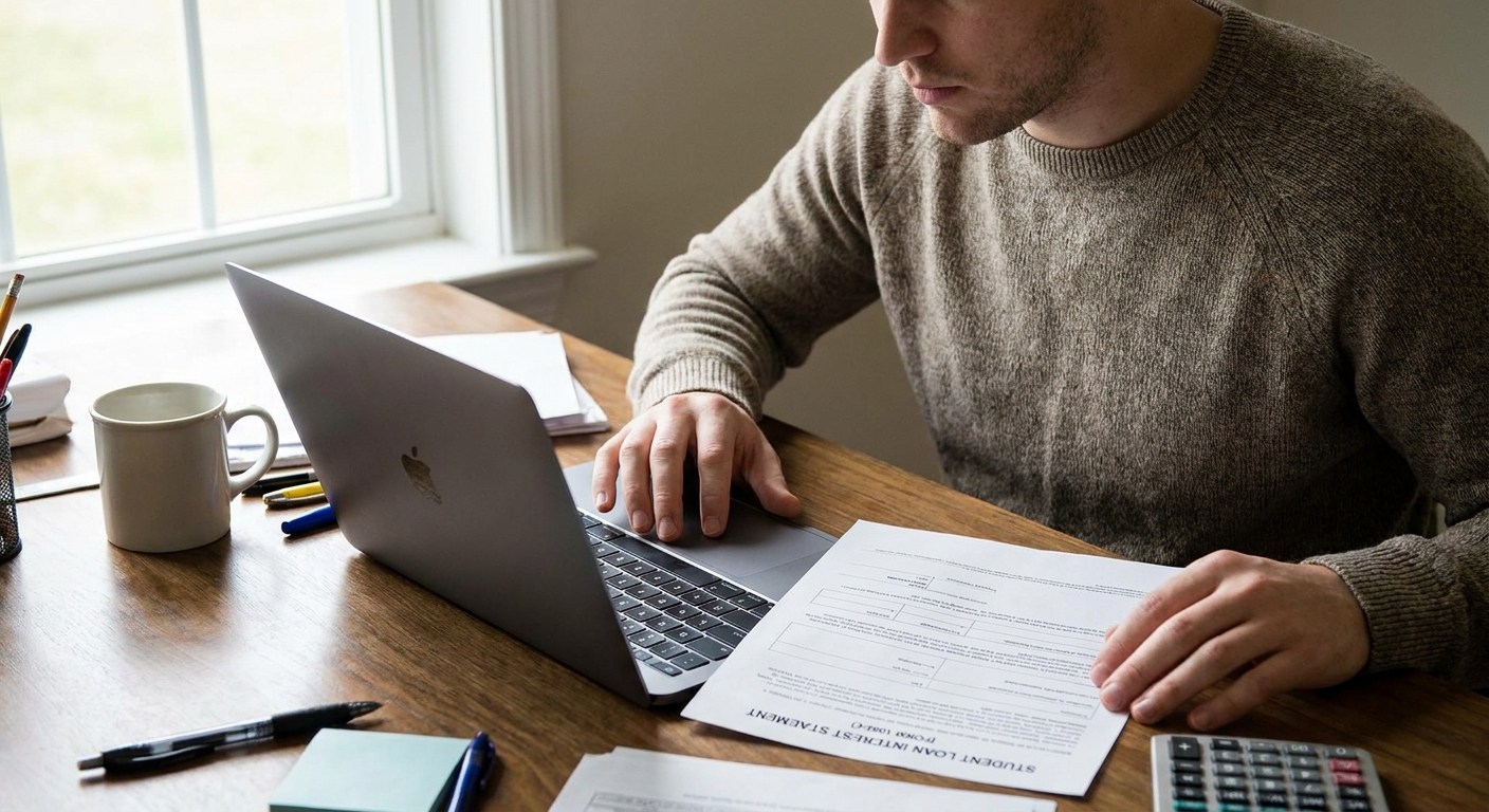 A person typing on a laptop while referencing a student loan interest form on a desk, realistic photography style