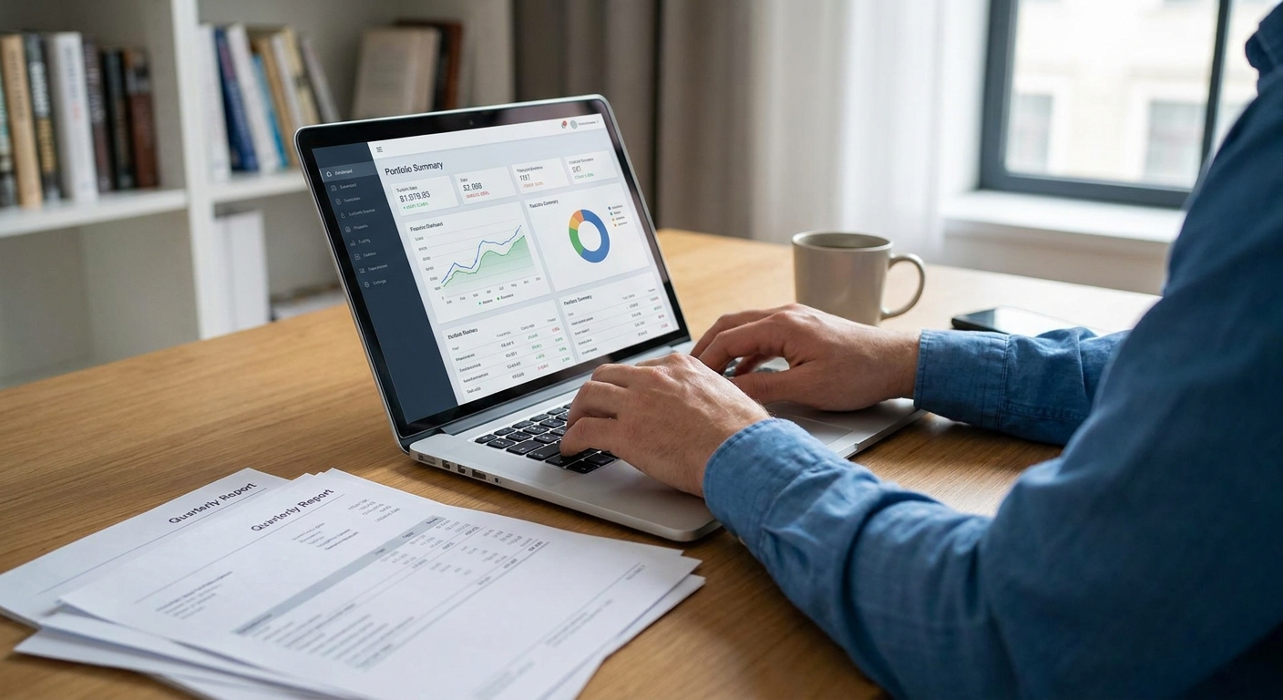 A person typing on a laptop with a brokerage account summary open on screen and printed statements on the desk, realistic office photo
