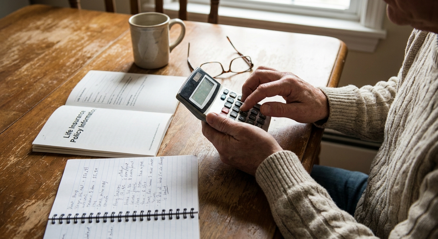 A person using a calculator beside a life insurance policy booklet and a notebook on a wooden table, natural indoor lighting, realistic photo