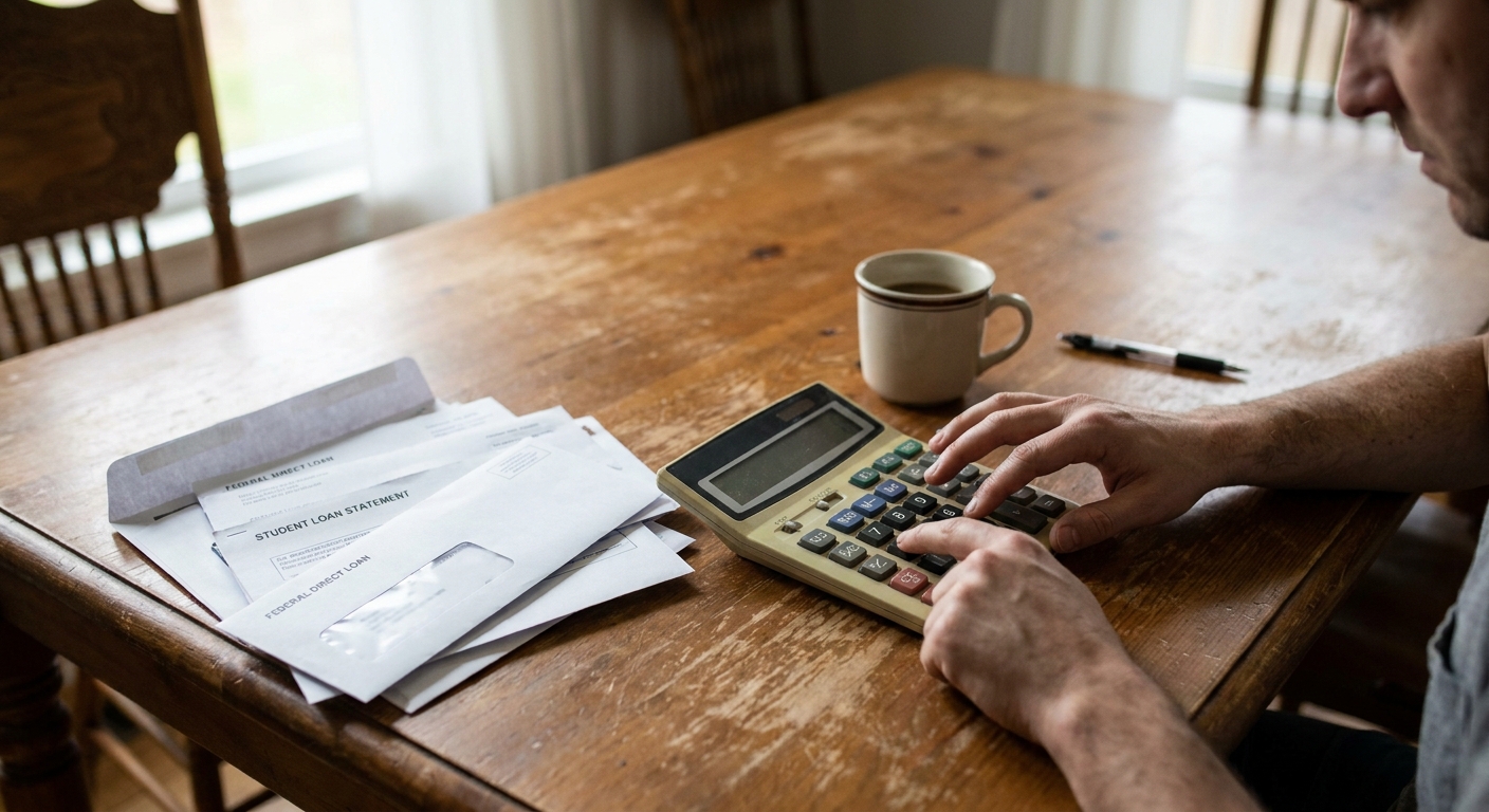 A person using a calculator next to a stack of student loan statements on a dining table, close-up real photo with natural indoor light