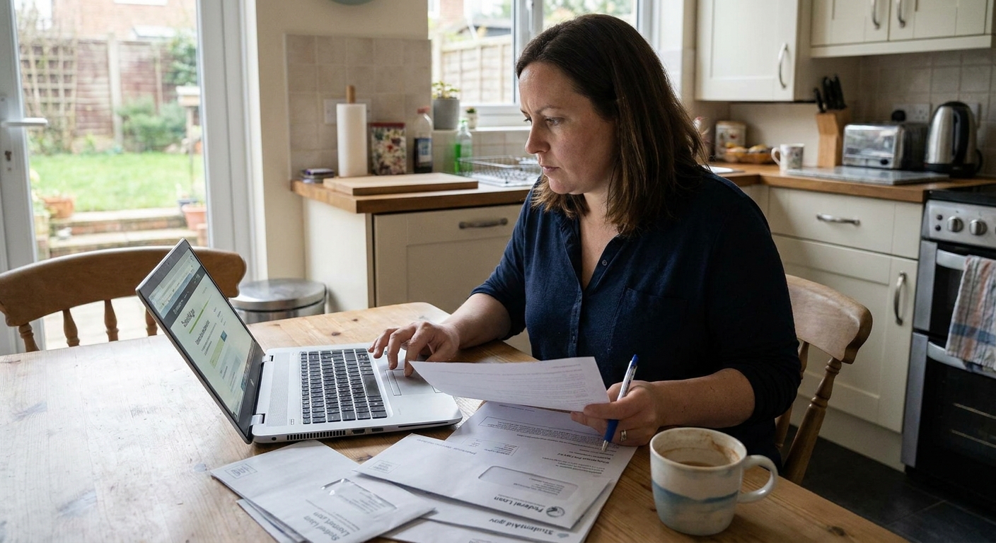 A person using a laptop at a kitchen table while reviewing federal student loan documents, realistic indoor photo