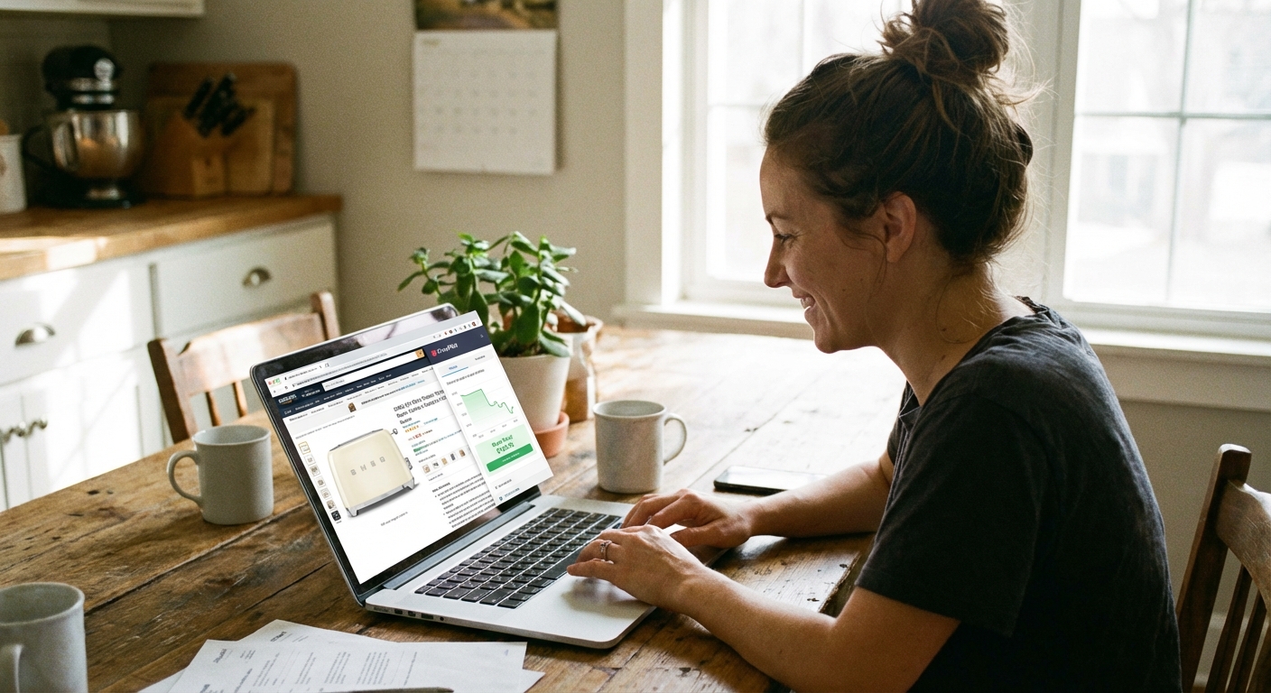 A person using a laptop at a kitchen table while viewing an online product page with a browser extension open for price tracking, natural indoor photo