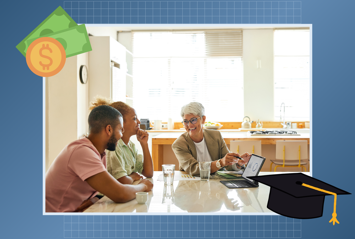 A person using a laptop at home with a federal student aid website open while holding a notebook with payment notes, candid real-life photo