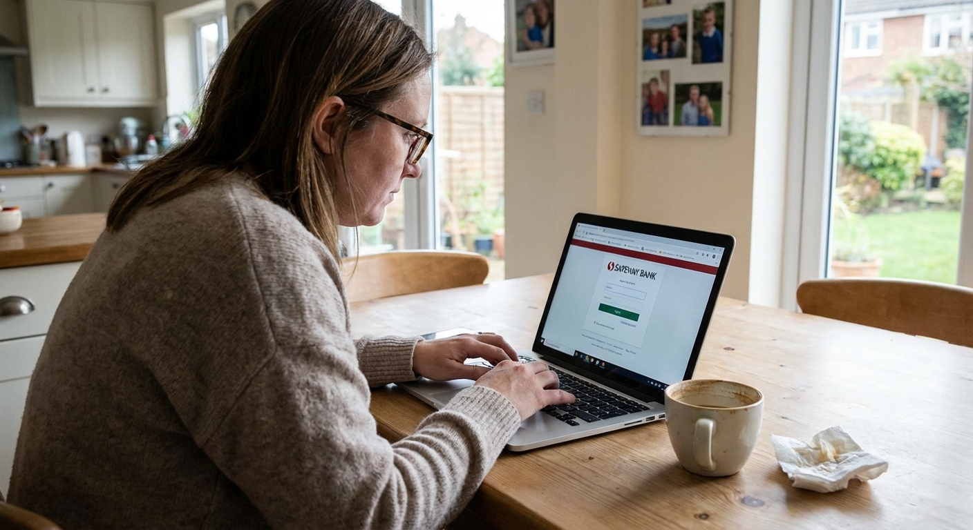 A person using a laptop to log into an online bank account at home with a mug of coffee on the table, candid real photograph