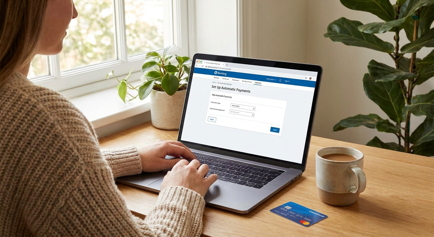 A person using a laptop to set up automatic payments with a bank card and a cup of coffee on the table, calm home setting, real photo style