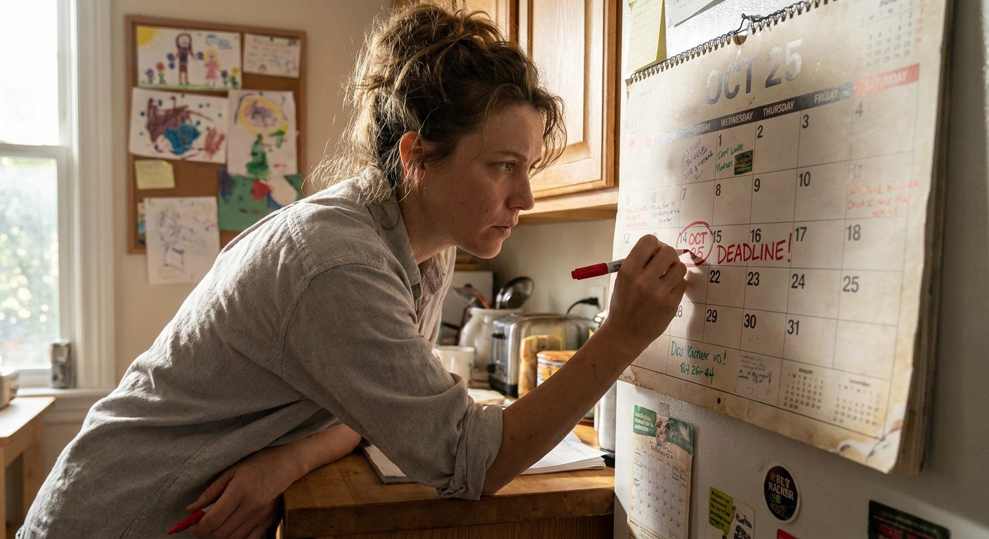 A person using a pen to mark a deadline on a wall calendar at home, realistic photo