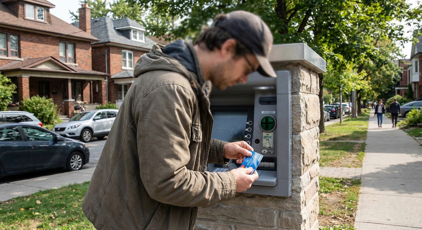 A person using an outdoor ATM in a neighborhood setting during daytime, holding a debit card while the screen is out of focus, realistic photo