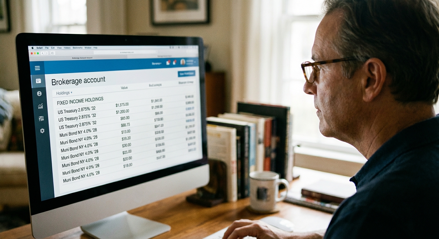 A person viewing a brokerage account screen on a desktop monitor at home showing a list of fixed income holdings, shallow depth of field, real photo