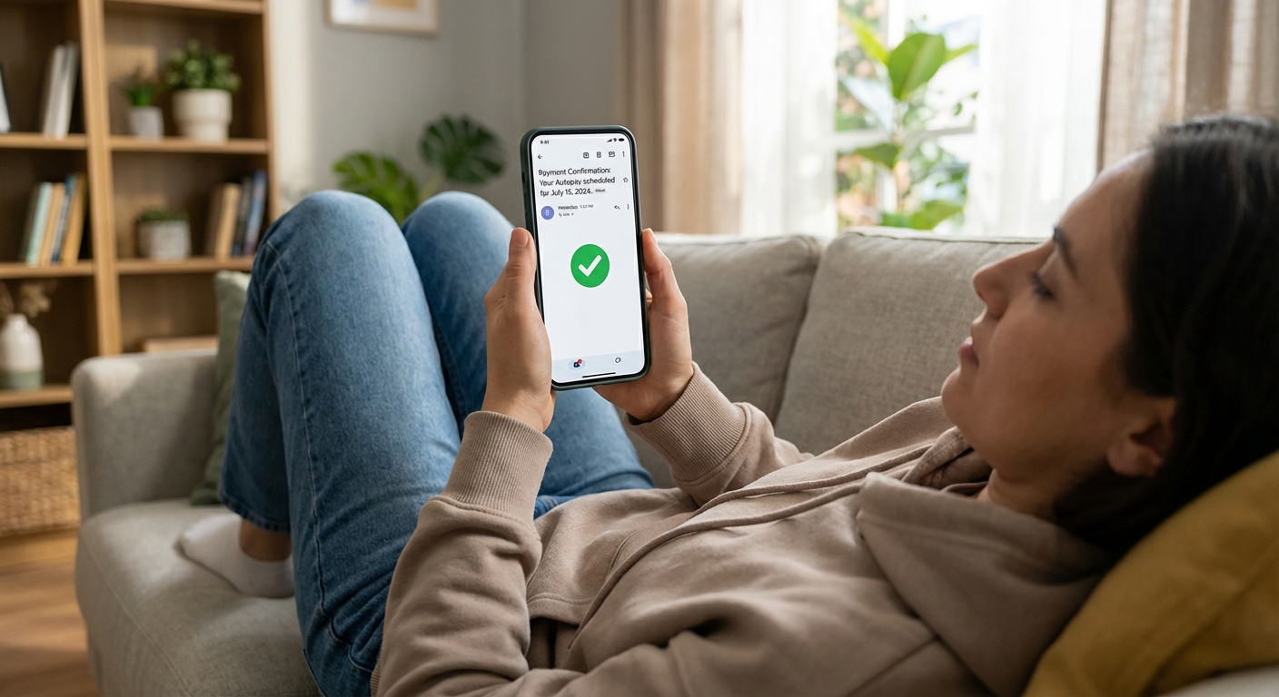 A person viewing an autopay confirmation email on a smartphone while sitting on a couch at home, realistic photo