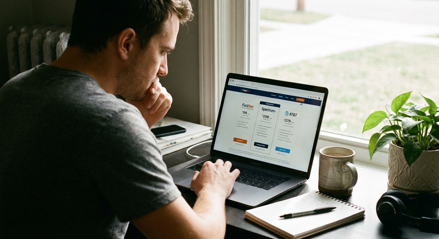 A person viewing internet provider pricing on a laptop at a home desk with a coffee mug nearby, realistic photography