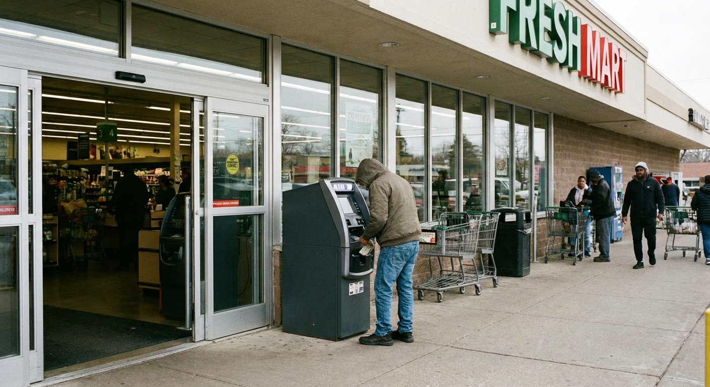 A person withdrawing cash from an ATM near the entrance of a grocery store, candid real-life photo