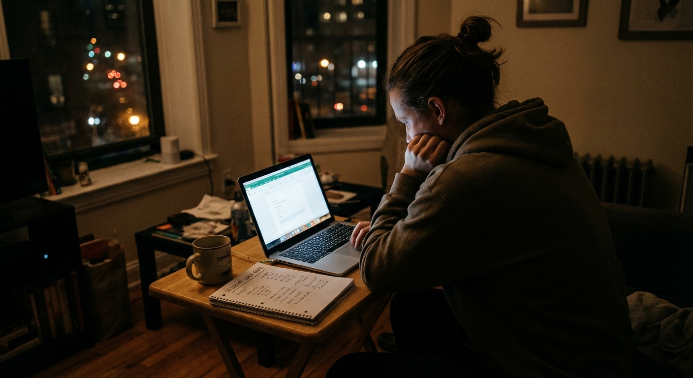 A person working on a laptop in the evening at a small apartment table with a notebook nearby, earning extra income to put toward student loans, realistic photography