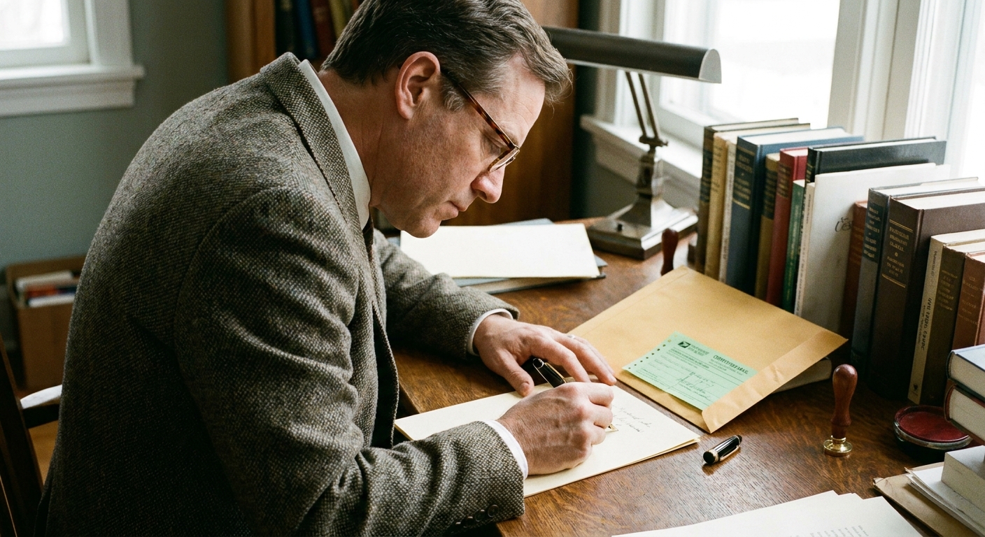 A person writing a formal letter at a desk with an open envelope and certified mail receipt nearby, realistic photo