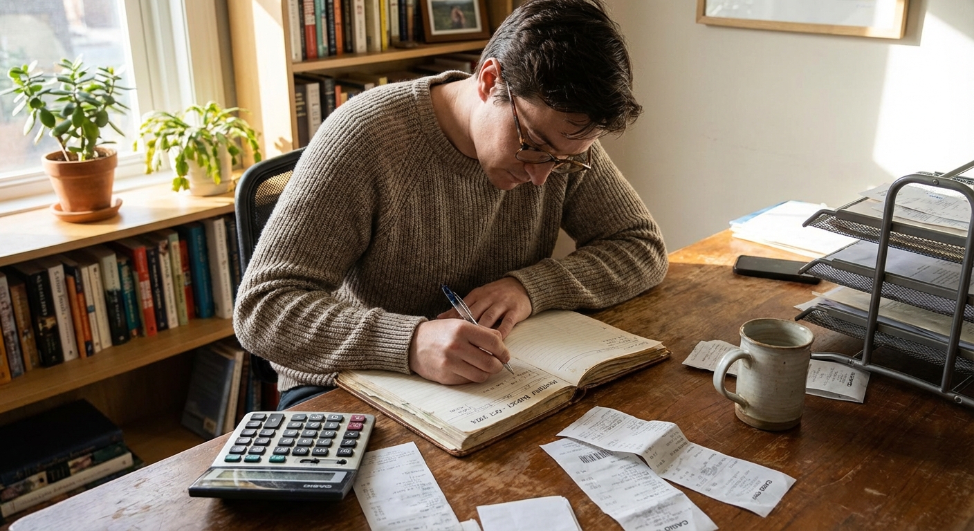 A person writing a monthly budget in a notebook at a desk in a home office with a calculator nearby, realistic photography style