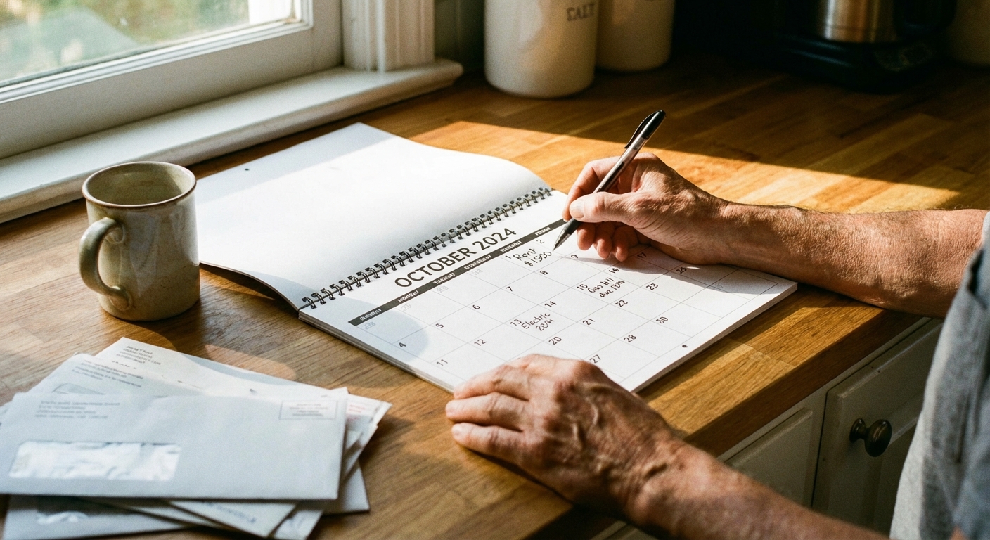 A person writing bill due dates on a paper calendar with a pen on a kitchen counter, realistic photo