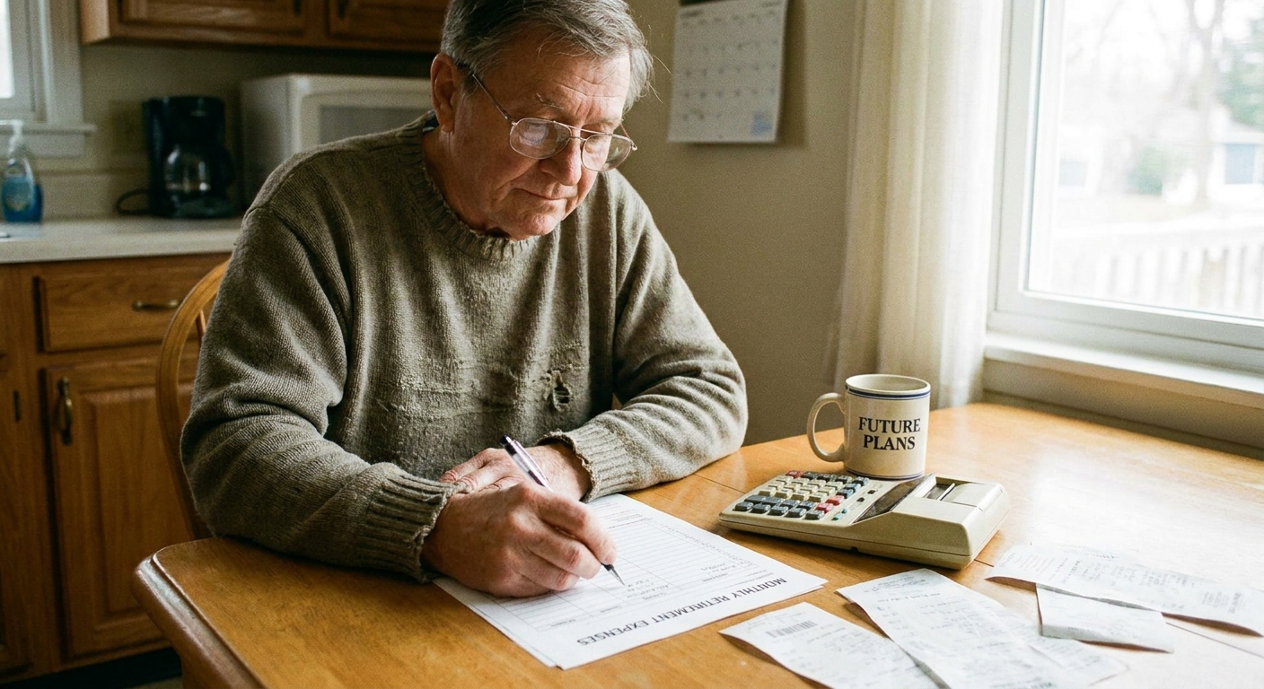 A person writing down monthly retirement expenses on a worksheet next to a mug and a calculator