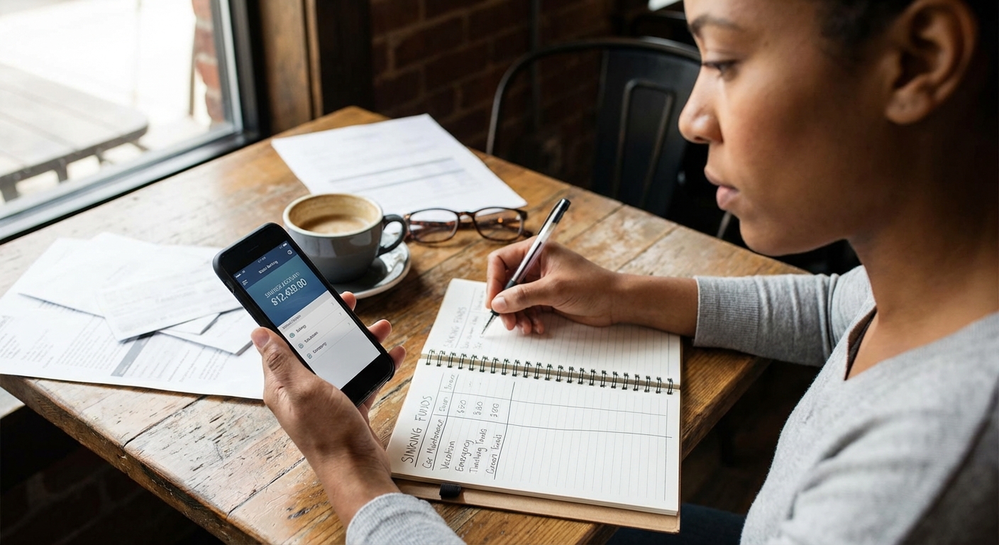 A person writing sinking fund amounts in a notebook while viewing a savings account balance on a smartphone, realistic photo