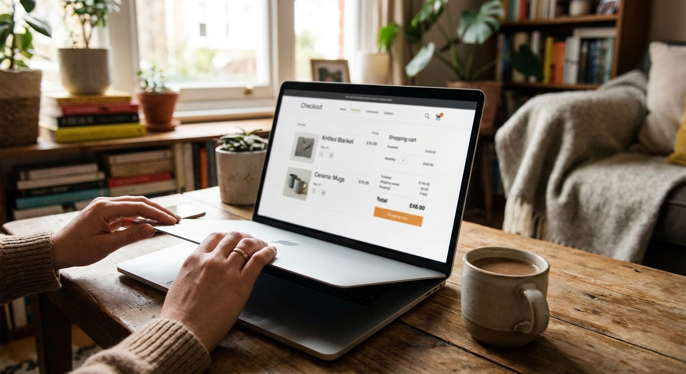 A person’s hands closing a laptop showing an online shopping cart page, with a mug on the table in a cozy home setting, realistic photography