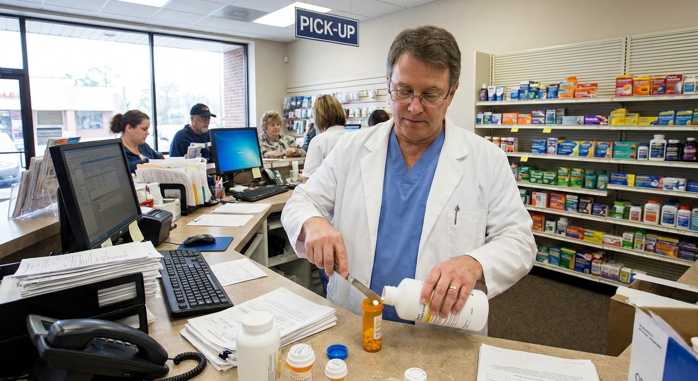 A pharmacist in a community pharmacy filling a prescription bottle behind the counter, realistic photography