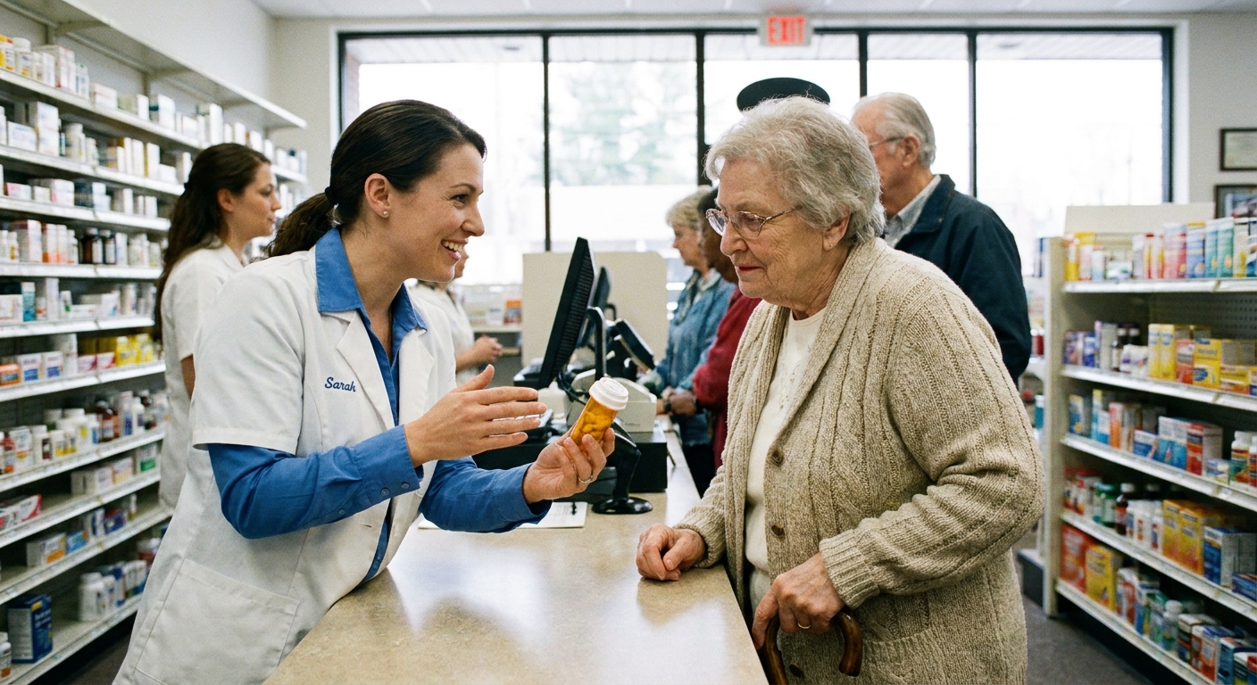 A pharmacist speaking with an older adult at a community pharmacy counter while holding a prescription bottle, candid real-life photo