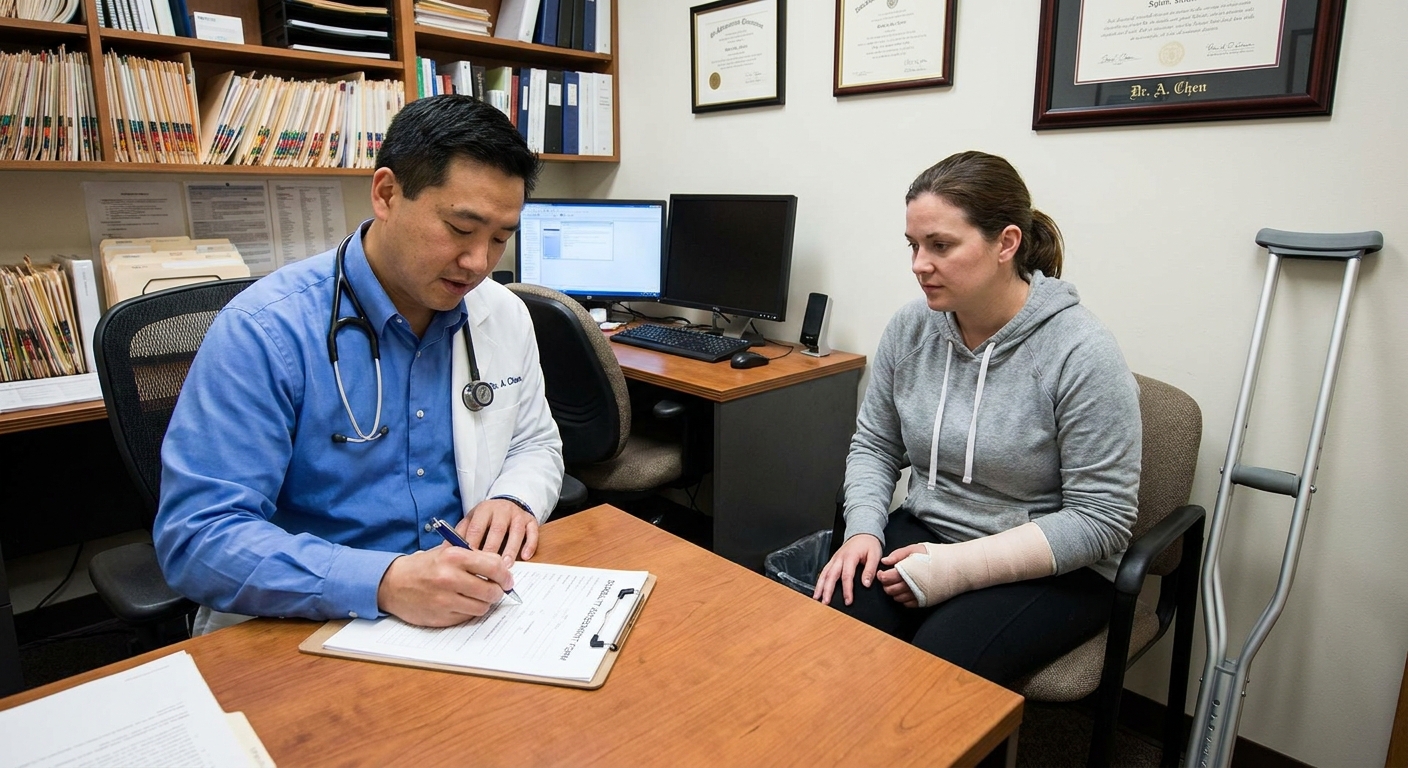 A physician in a medical office signing a disability-related form on a clipboard while a patient sits nearby, realistic photo