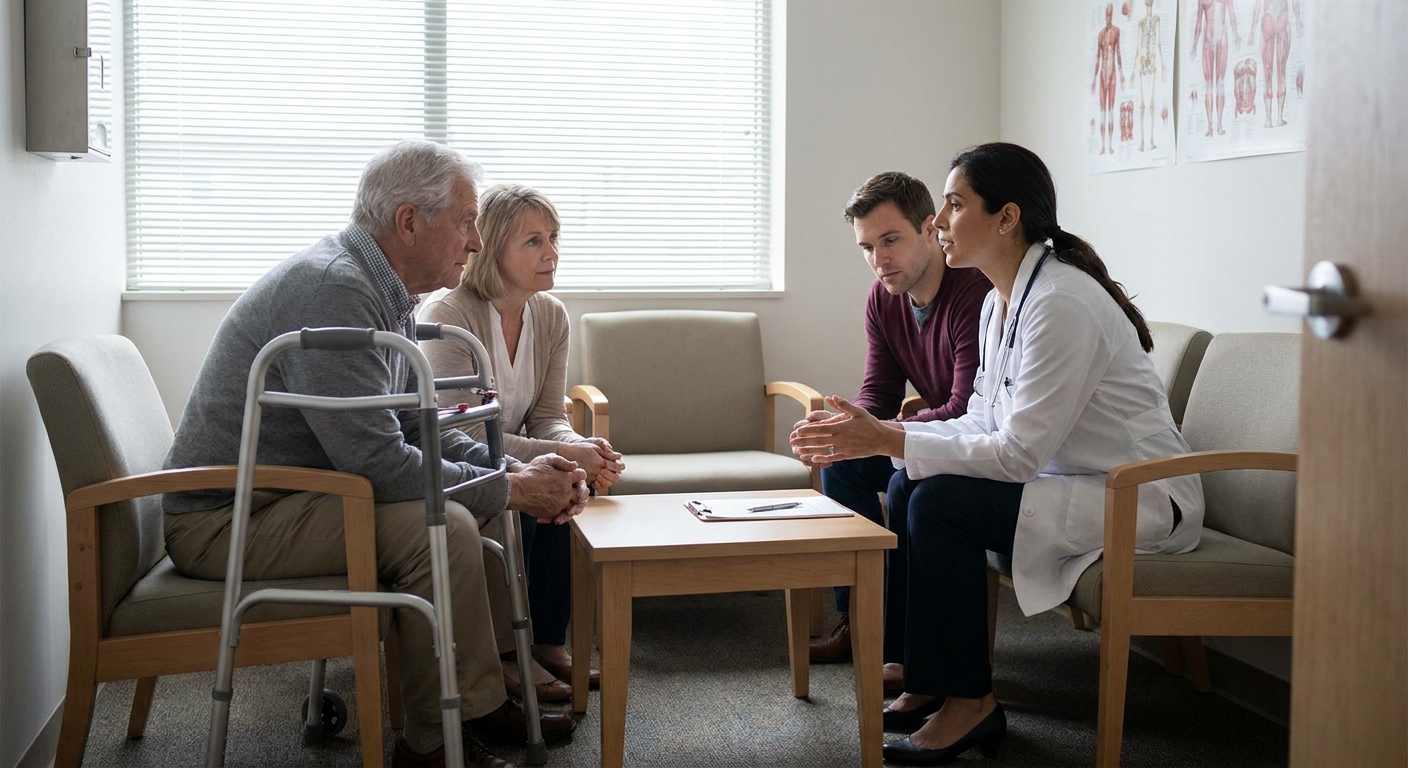 A physician seated in a quiet clinic room speaking with an older patient and two family members about care options, realistic photo