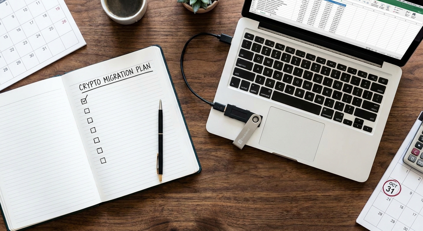 A practical checklist next to a laptop and a hardware wallet, representing a careful plan to migrate crypto assets before a deadline