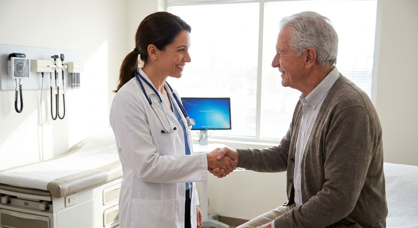 A primary care doctor shaking hands with an older patient in a bright exam room, real clinical photography