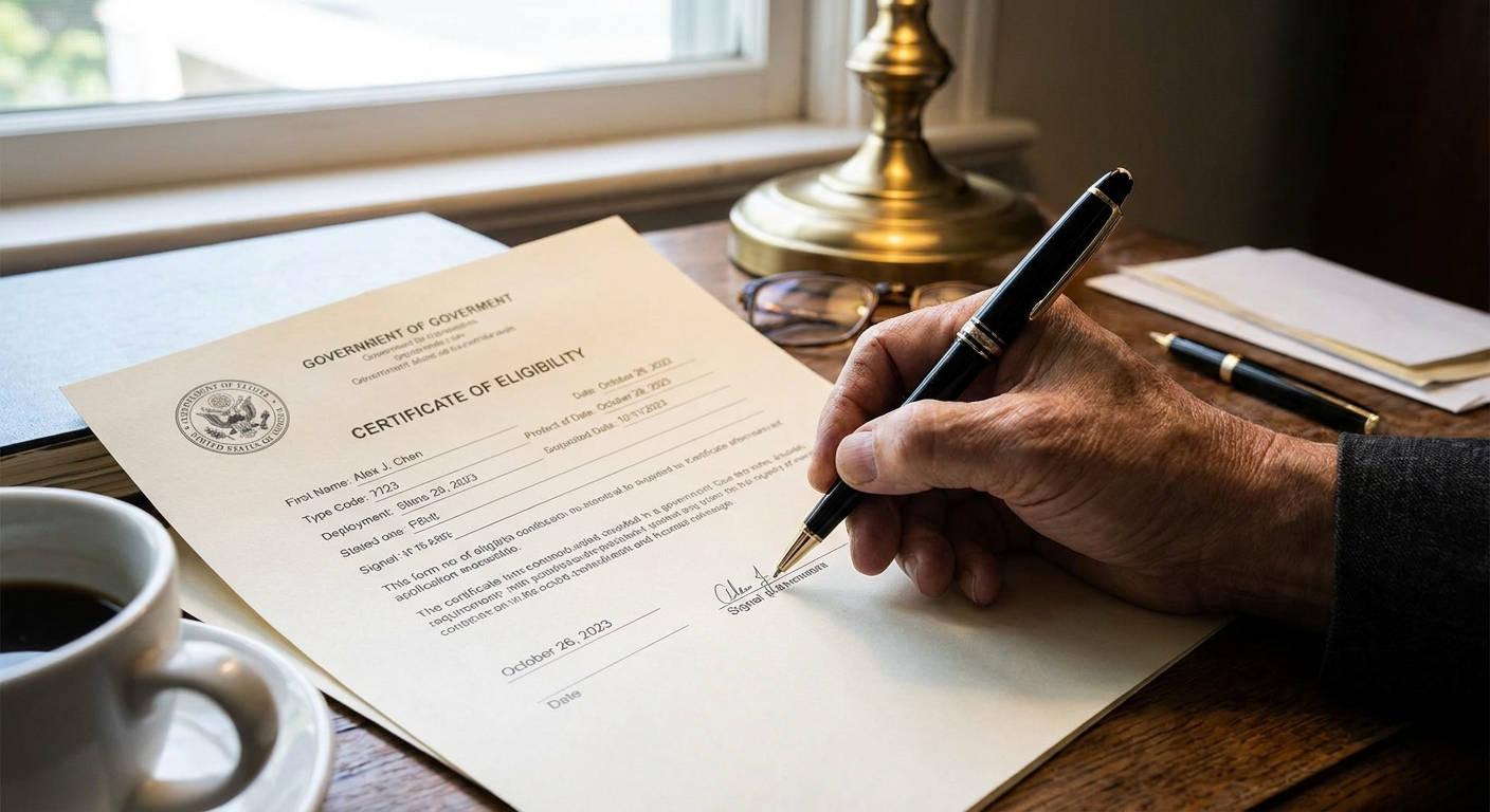 A printed certificate of eligibility form on a desk with a hand holding a pen near the signature line