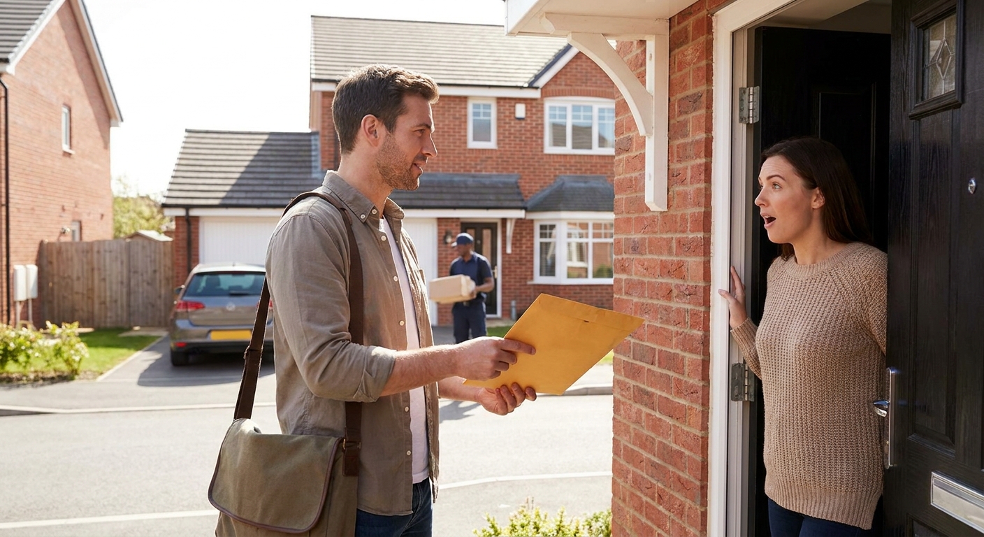 A process server handing a legal envelope to an adult at the front door of a suburban home in daylight, realistic photography style