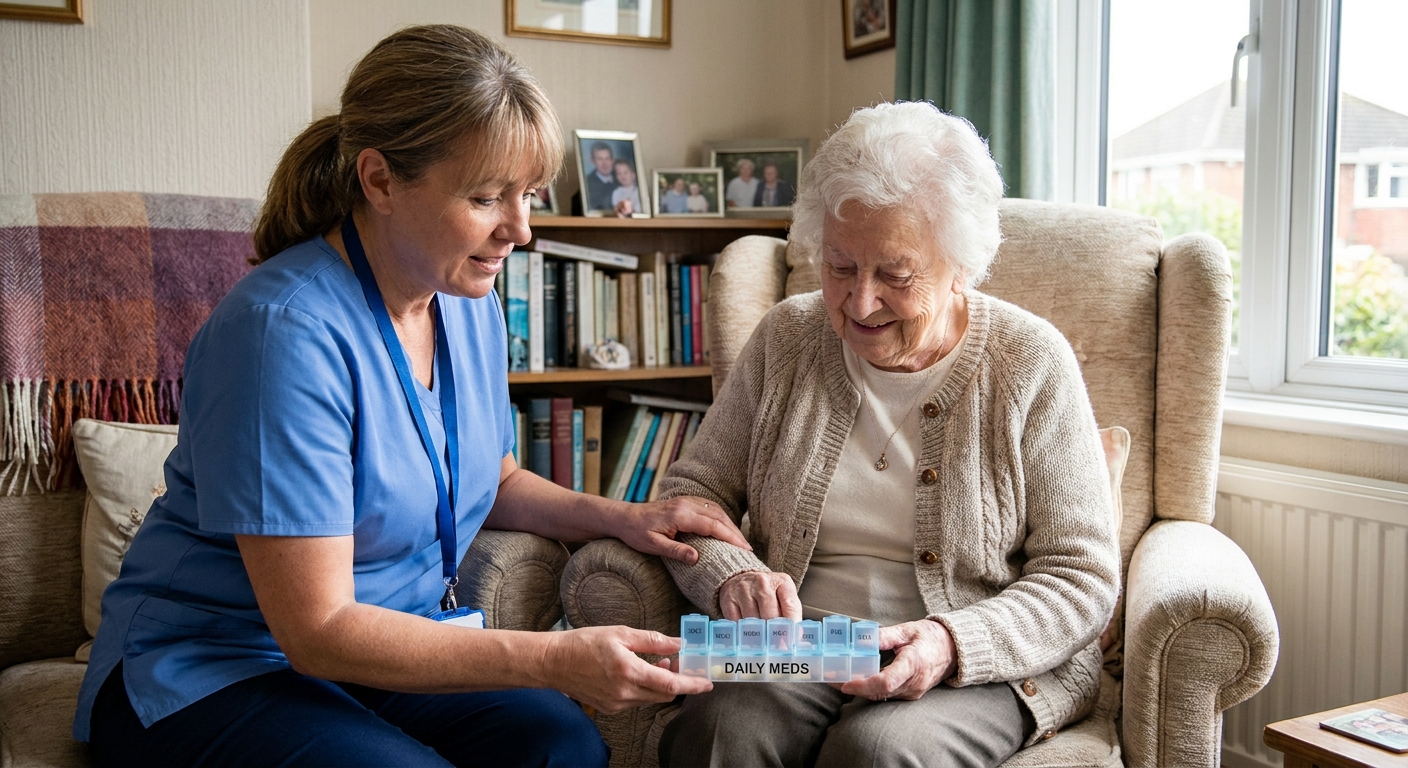 A professional home caregiver helping an older adult seated in a comfortable chair at home, checking a pill organizer with gentle attentive care, realistic photo