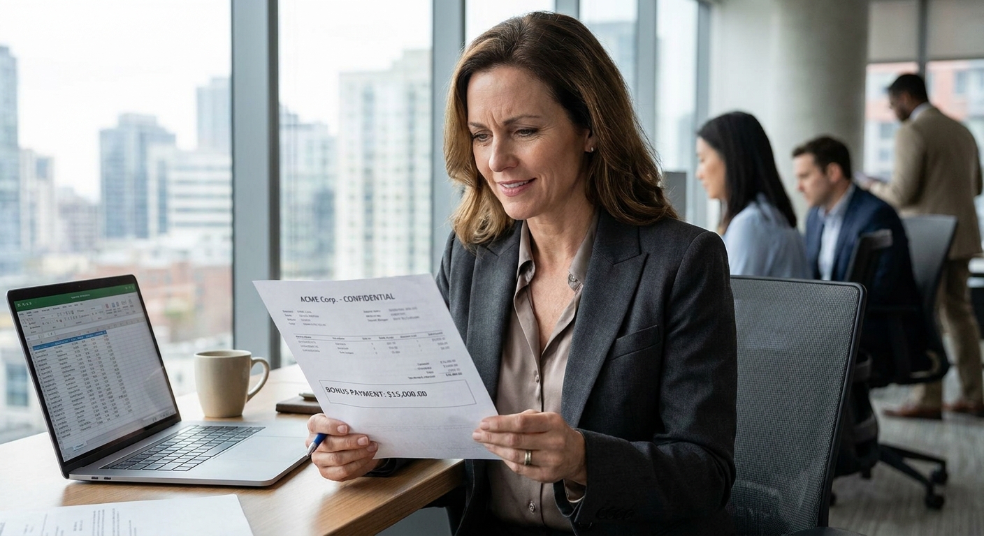 A professional in business attire reviewing a bonus paystub in an office setting, realistic photo