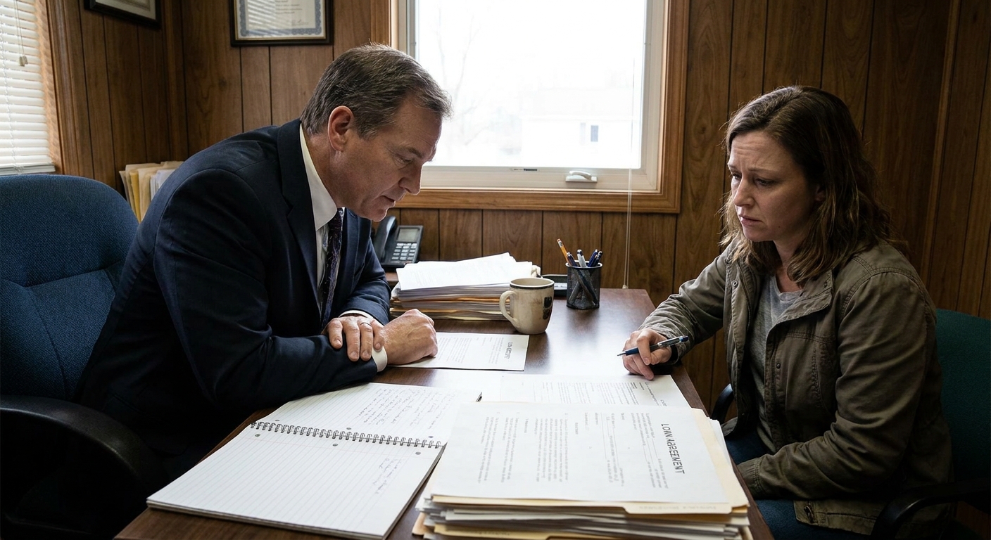 A professional photograph of a bankruptcy attorney meeting with a client in a small office, with loan documents and a notebook on the desk