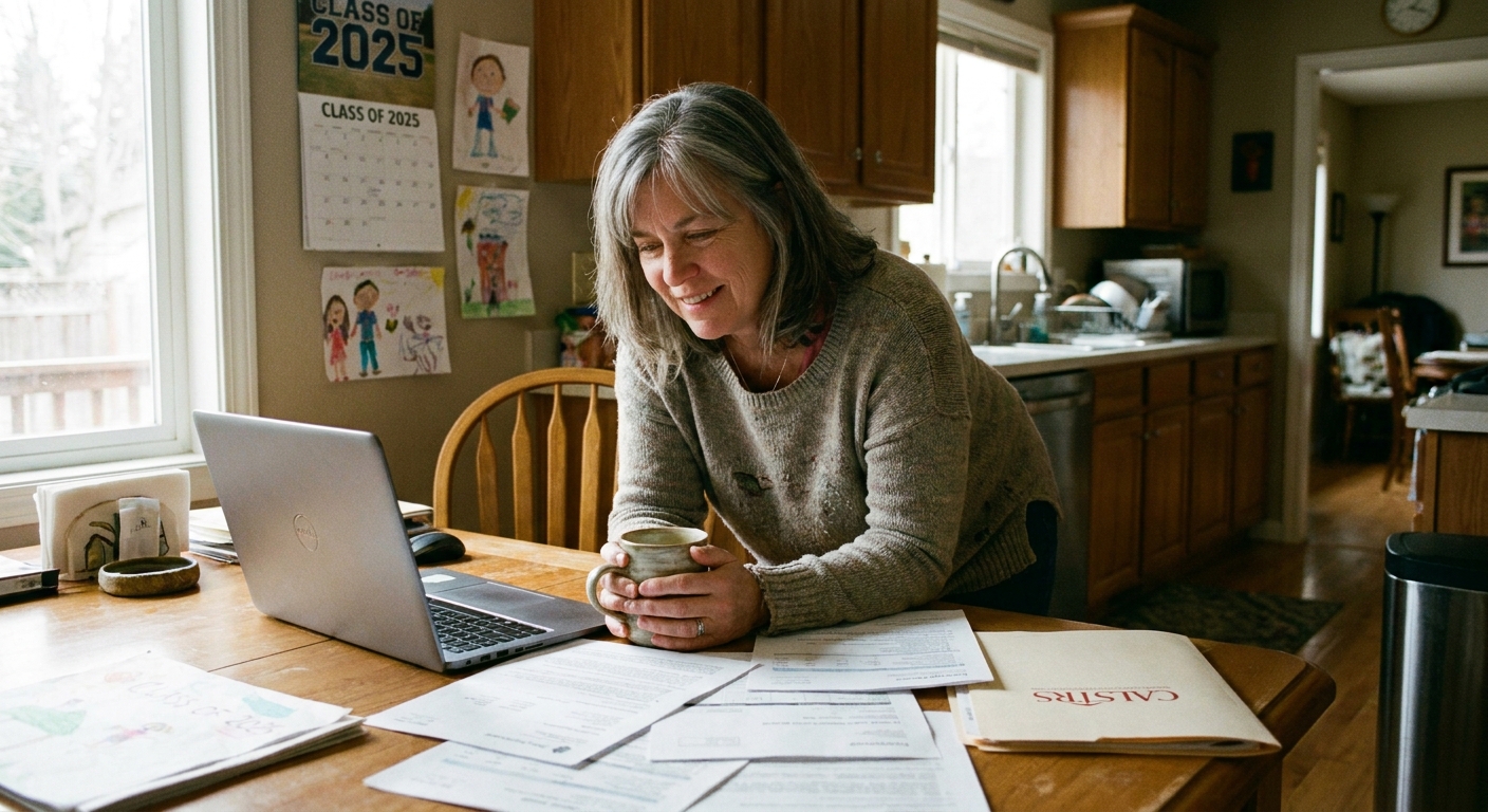 A public school teacher sitting at a kitchen table reviewing retirement paperwork with a laptop and a cup of coffee, natural light, candid photo